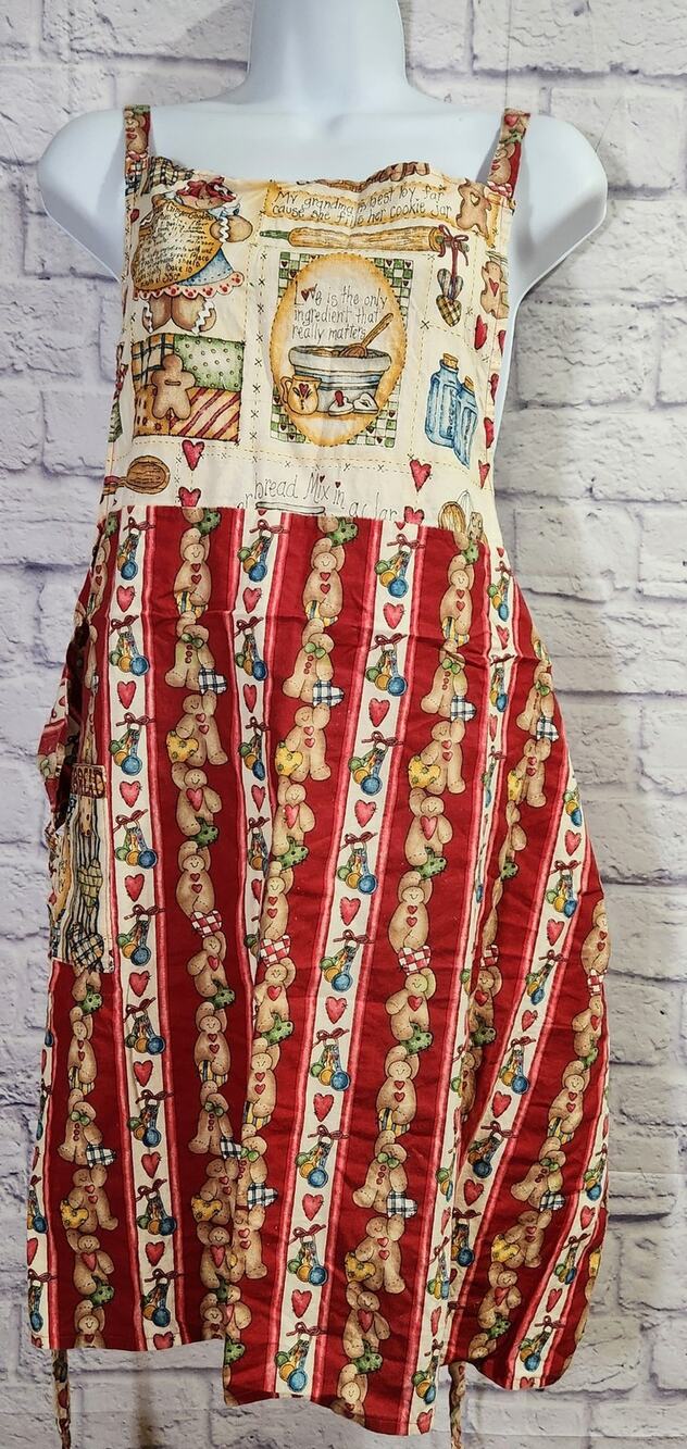 VTG Gingerbread Man With Cooking Utensils Print Apron With Pocket Tie Back